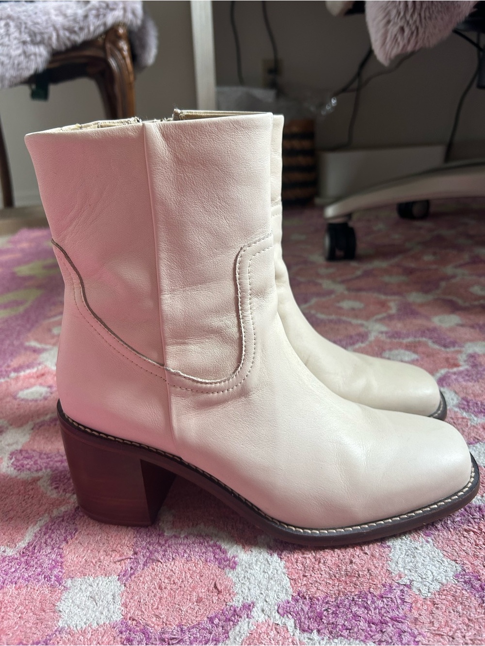 Women's Cream Mid-Calf Leather Block Heel Boots